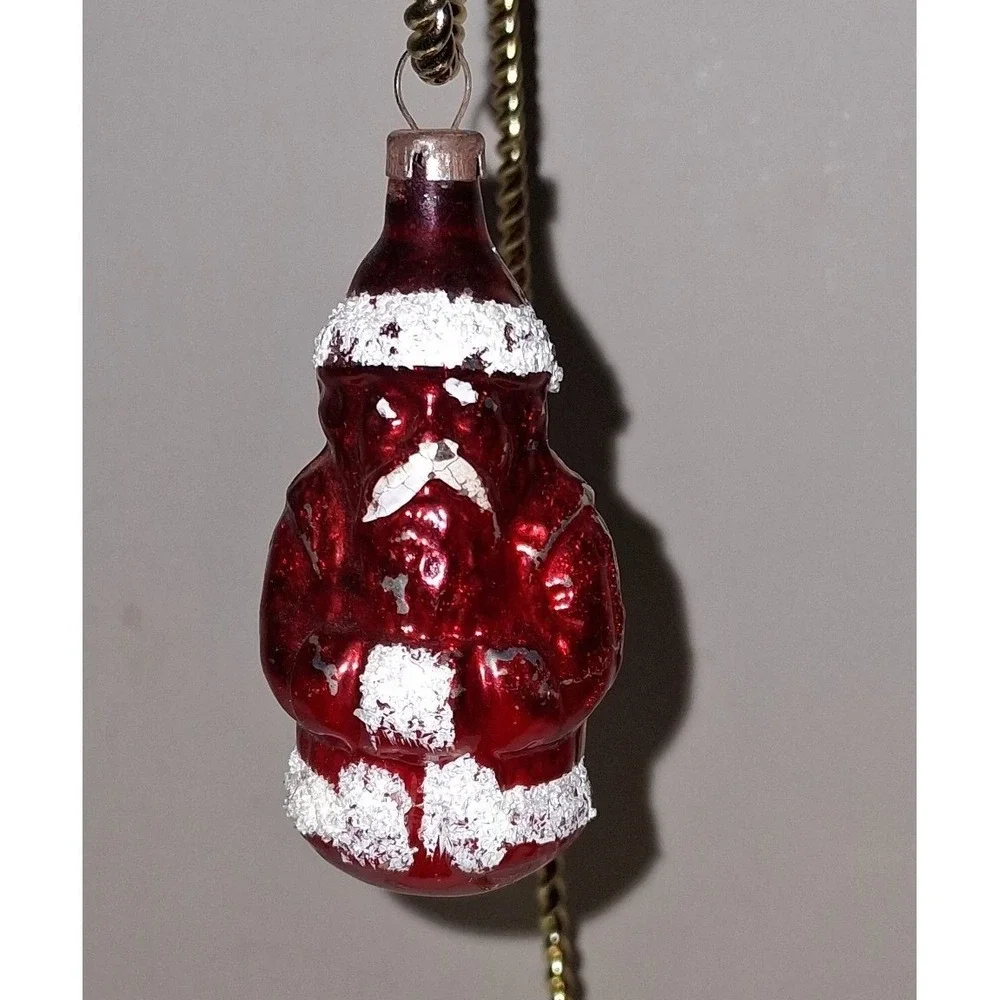 Vintage Red Glass Santa Claus Christmas Ornament Mercury Glass Snow Flocked 2.75